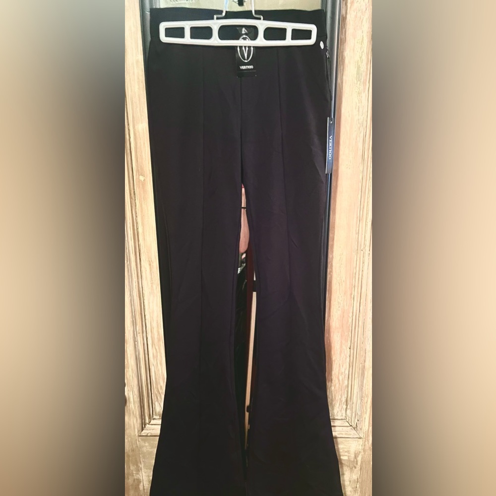Vertigo black dress pants. NEW WITH TAGS. Size S, elastic waist, wide boot cut.